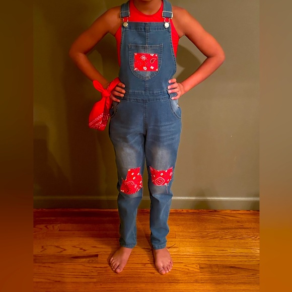 Costume overalls w/ red patches, rhinestones, red bandana (shirt not included) - Picture 1 of 3